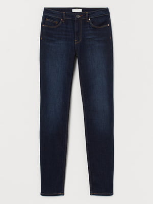 Зауженные темно-синие джинсы с потертостями | 6774743