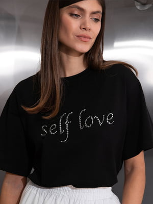 Чорна футболка вільного крою з написом зі страз Self Love | 6775231