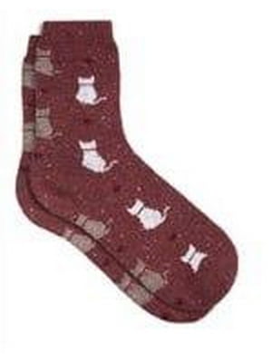 Шкарпетки бордові вовняні з принтом "Кішка" | 6775958