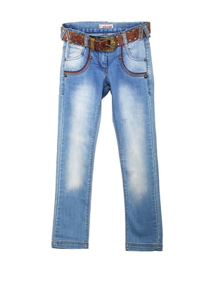 Блакитні джинси з потертостями та поясом | 6776038
