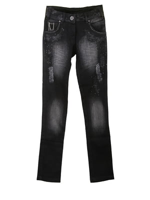 Темно-сірі джинси з потертостями та декором | 6776053