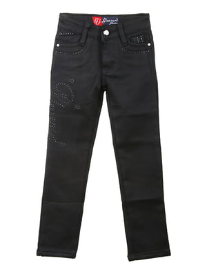 Чорні джинси на тонкому флісі, декоровані стразами | 6776059