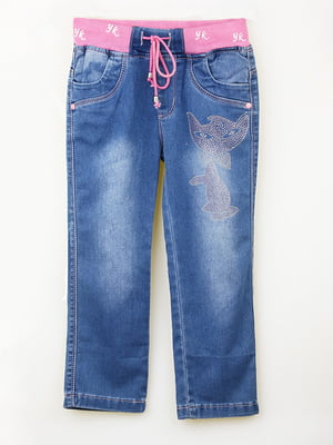 Блакитні джинси з рожевим поясом та малюнком зі страз | 6776064