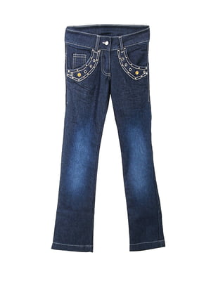 Сині джинси з декором на кишенях та потертостями | 6776065