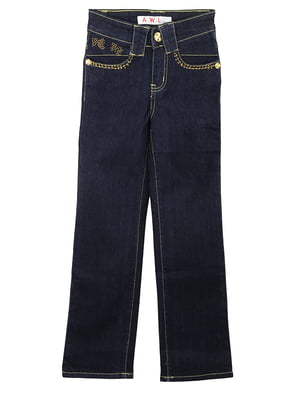 Темно-сині джинси, декоровані вишивкою та стразами | 6776069