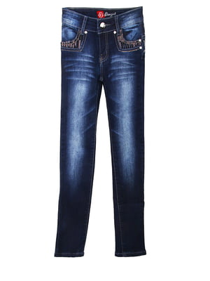 Стрейчеві темно-сині джинси з кишенями в паєтках | 6776075