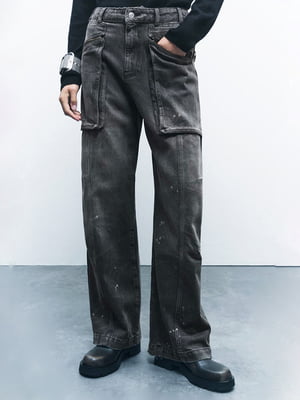 Темно-сірі джинси прямого крою з накладними кишенями | 6776101