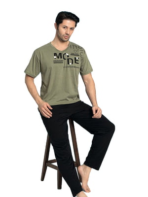 Бавовняна піжама: штани і футболка з принтом | 6776223
