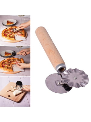 Багатофункціональний з'єднувальний ніж 2 в 1 для піци та тіста з роликом та дерев'яною ручкою (15.5 см) | 6776629