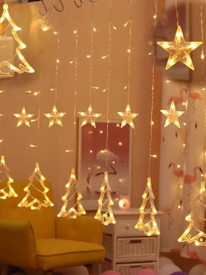 Новорічна світлодіодна гірлянда-шторка дощ "Ялинки і зірки" (138 LED 2.5 метра, теплий білий) | 6777341