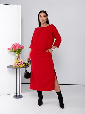 Червоний комплект: сукня-максі в білизняному стилі та світшот | 6780056