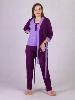 Фіолетова бавовняна піжама: футболка, штани і халат на поясі | 6780147