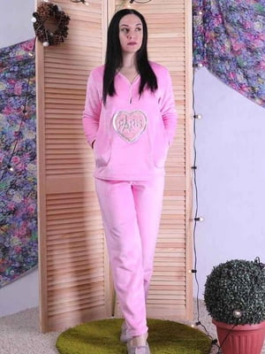 Махрова рожева піжама: джемпер з малюнком та штани | 6780180