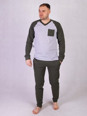 Тепла піжама кольору хакі з сірим: реглан і штани | 6780182