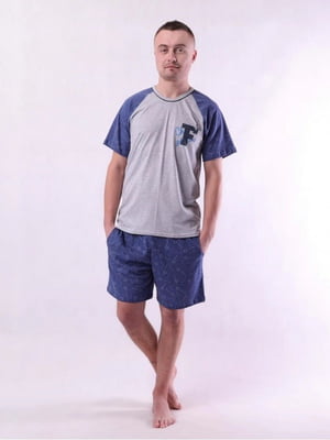 Сіро-синя бавовняна піжама: футболка і шорти | 6780188
