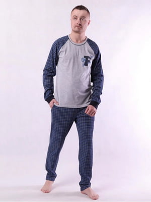 Сіро-синя піжама: реглан з принтом і штани | 6780189