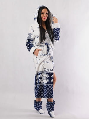 Махровий біло-синій халат з принтом | 6780212