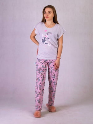 Сіро-рожева бавовняна піжама: футболка і штани | 6780235