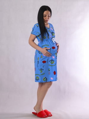 Блакитний бавовняний халат для вагітних з утяжкою під грудьми | 6780237