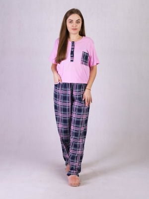 Бавовняна піжама: рожева футболка і штани в клітинку | 6780245