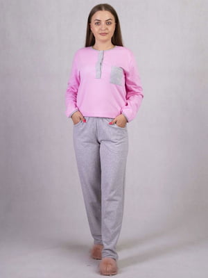 Бавовняна піжама: рожевий лонгслів на гудзиках і штани | 6780252