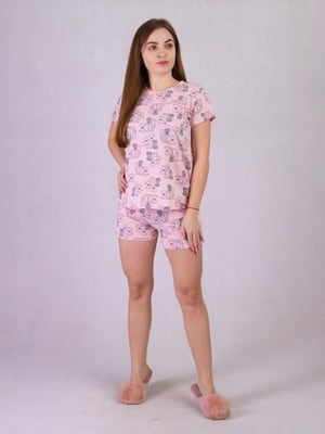Рожева бавовняна піжама з принтом: футболка і шорти | 6780264