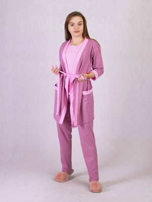 Рожева трикотажна піжама: халат, штани і футболка | 6780273