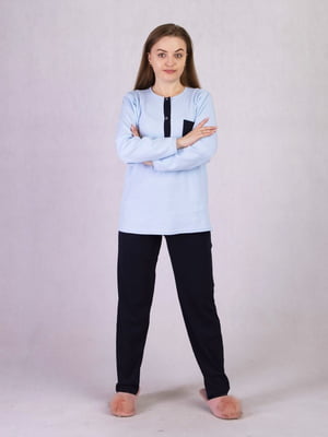 Бавовняна піжама: лонгслів блакитний з кишенею та сині штани | 6780274