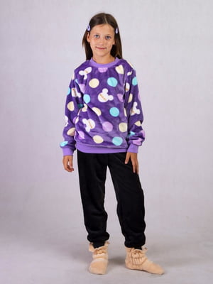 Фіолетова махрова піжама: світшот з принтом і штани | 6780297