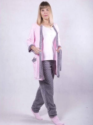 Сіро-рожева махрова піжама: халат і штани | 6780363