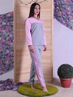 Бавовняна сіро-рожева піжама: джемпер і штани | 6780408