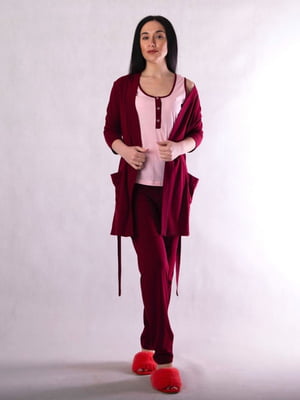 Бавовняний рожево-бордовий комплект: лонгслів, штани і халат | 6780436