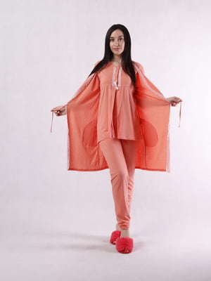 Домашній комплект персикового кольору: туніка, шорти, штани халат | 6780486
