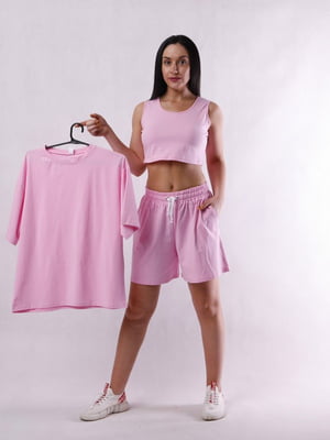 Рожевий трикотажний комплект: топ, футболка і шорти | 6780511