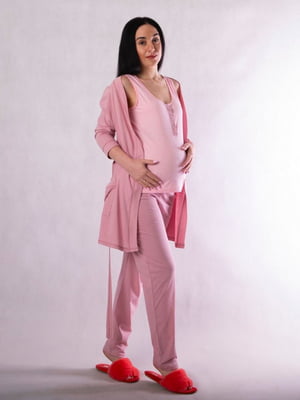Рожева бавовняна піжама для вагітних: халат майка і штани | 6780579