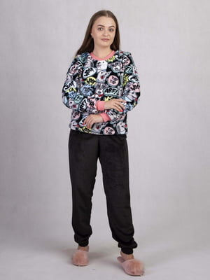 Махрова різнокольорова піжама: джемпер з принтом і штани | 6780612
