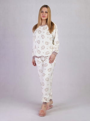 Махрова піжама молочного кольору з принтом: джемпер і штани | 6780637