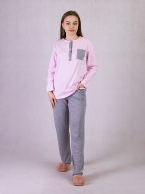 Бавовняна піжама: рожевий лонгслів на гудзиках і штани | 6780654