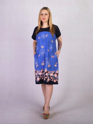 Синя сукня А-силуету з квітковим принтом та кишенями | 6780668