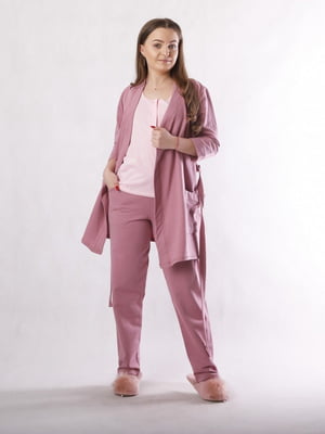 Тепла темно-рожева піжама: халат, штани і топ | 6780747