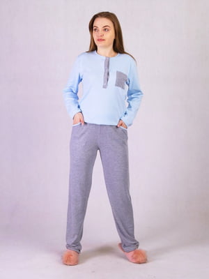 Сіро-блакитна бавовняна піжама: джемпер на гудзиках і штани | 6780774