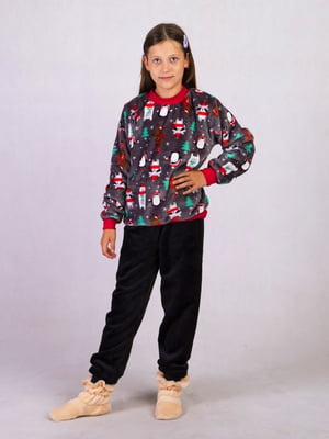 Махрова темно-сіра піжама: світшот з принтом і штани | 6780785
