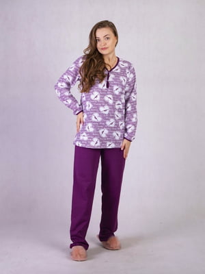 Тепла фіолетова піжама: джемпер з принтом і штани | 6780868