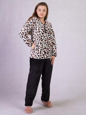 Махрова піжама: джемпер молочного кольору в принт і штани | 6780895