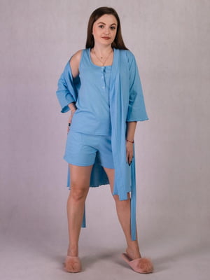 Блакитна бавовняна піжама-трійка: халат, шорти і майка | 6780978