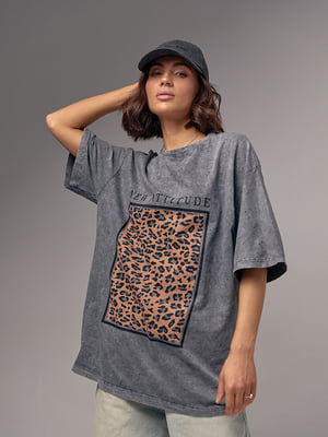 Удлиненная футболка в технике тай-дай с леопардовым принтом | 6781101