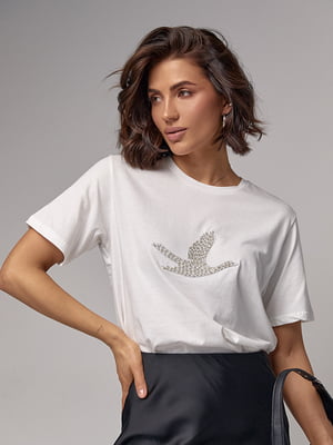 Белая футболка с птицей из бисера | 6781102