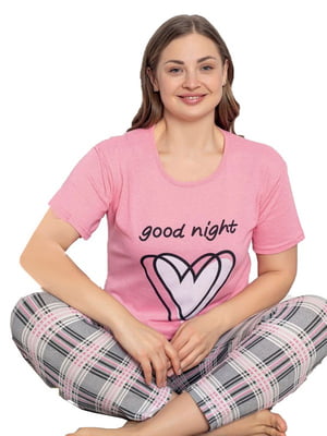 Піжама рожева: футболка з принтом та штани в клітинку | 6781778