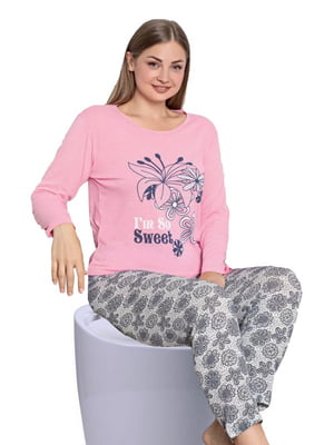 Піжама сіро-рожева з принтом: лонгслів та штани | 6781790