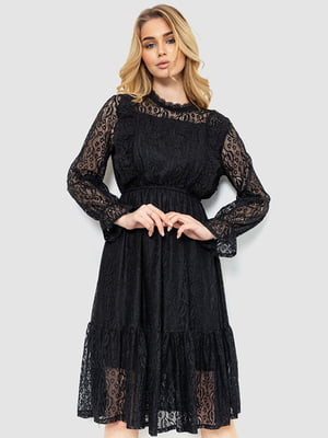 Черное ажурное платье А-силуэта, украшенное оборками | 6782063